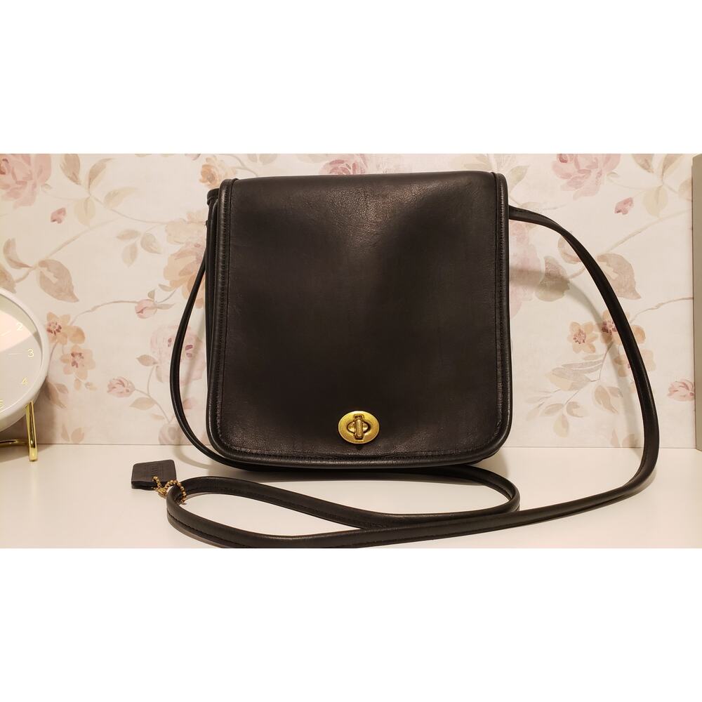 Vintage COACH Compact Flap Pouch Black Crossbody Bag with Brass Hardware #9620